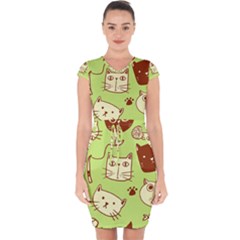 Cute Hand Drawn Cat Seamless Pattern Capsleeve Drawstring Dress  by Vaneshart