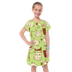 Cute Hand Drawn Cat Seamless Pattern Kids  Drop Waist Dress by Vaneshart