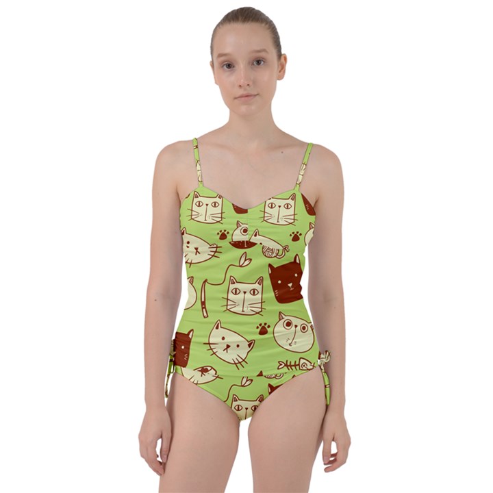 Cute Hand Drawn Cat Seamless Pattern Sweetheart Tankini Set