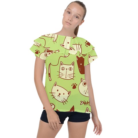 Cute Hand Drawn Cat Seamless Pattern Ruffle Collar Chiffon Blouse by Vaneshart