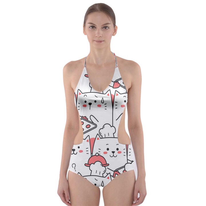 Cute Cat Chef Cooking Seamless Pattern Cartoon Cut-Out One Piece Swimsuit