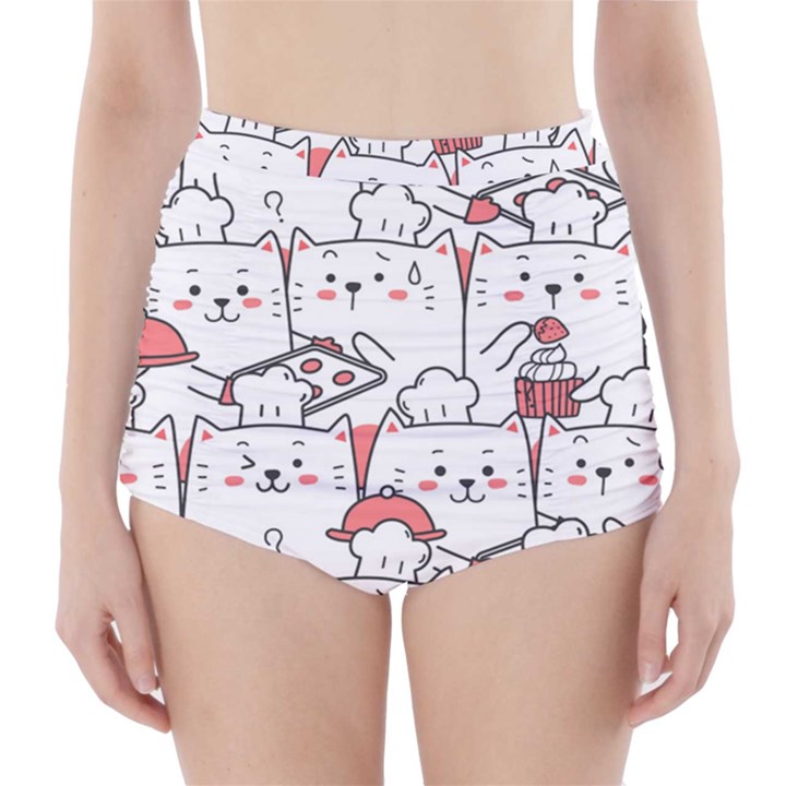 Cute Cat Chef Cooking Seamless Pattern Cartoon High-Waisted Bikini Bottoms