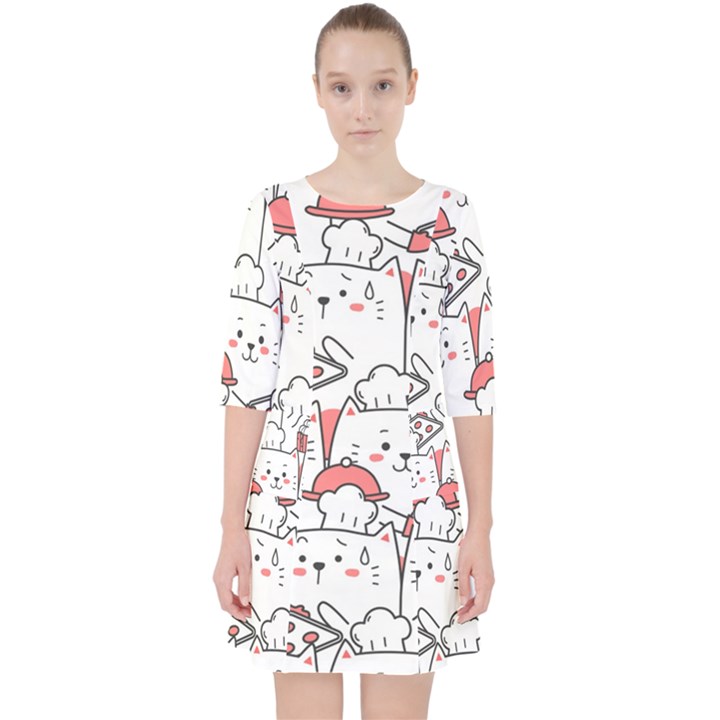 Cute Cat Chef Cooking Seamless Pattern Cartoon Pocket Dress