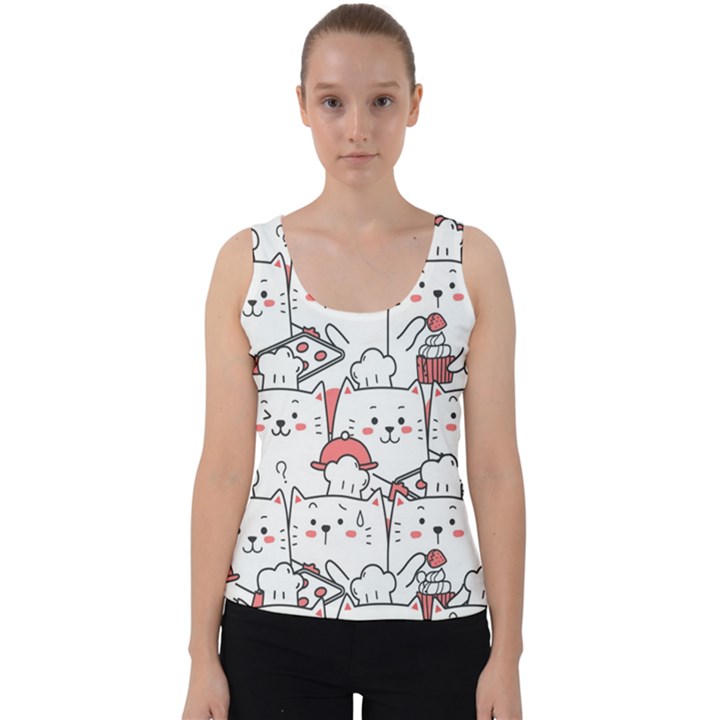 Cute Cat Chef Cooking Seamless Pattern Cartoon Velvet Tank Top