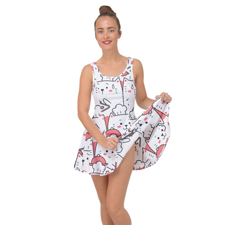 Cute Cat Chef Cooking Seamless Pattern Cartoon Inside Out Casual Dress