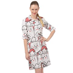 Cute Cat Chef Cooking Seamless Pattern Cartoon Long Sleeve Mini Shirt Dress by Vaneshart