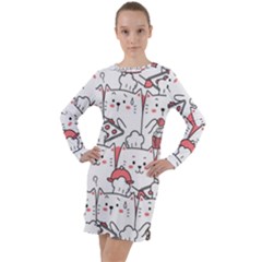 Cute Cat Chef Cooking Seamless Pattern Cartoon Long Sleeve Hoodie Dress by Vaneshart