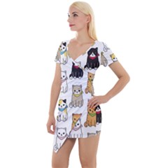 Cat Kitten Seamless Pattern Short Sleeve Asymmetric Mini Dress by Vaneshart