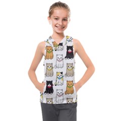 Cat Kitten Seamless Pattern Kids  Sleeveless Hoodie by Vaneshart