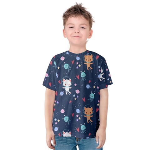 Cute Astronaut Cat With Star Galaxy Elements Seamless Pattern Kids  Cotton Tee by Vaneshart