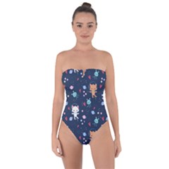 Cute Astronaut Cat With Star Galaxy Elements Seamless Pattern Tie Back One Piece Swimsuit by Vaneshart