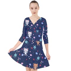 Cute Astronaut Cat With Star Galaxy Elements Seamless Pattern Quarter Sleeve Front Wrap Dress by Vaneshart