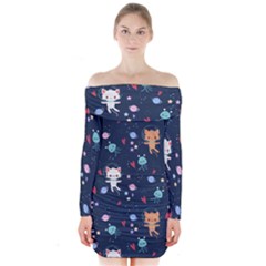 Cute Astronaut Cat With Star Galaxy Elements Seamless Pattern Long Sleeve Off Shoulder Dress by Vaneshart