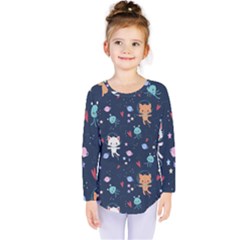 Cute Astronaut Cat With Star Galaxy Elements Seamless Pattern Kids  Long Sleeve Tee