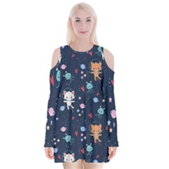 Cute Astronaut Cat With Star Galaxy Elements Seamless Pattern Velvet Long Sleeve Shoulder Cutout Dress by Vaneshart