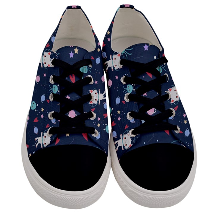 Cute Astronaut Cat With Star Galaxy Elements Seamless Pattern Men s Low Top Canvas Sneakers