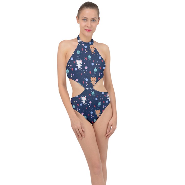 Cute Astronaut Cat With Star Galaxy Elements Seamless Pattern Halter Side Cut Swimsuit