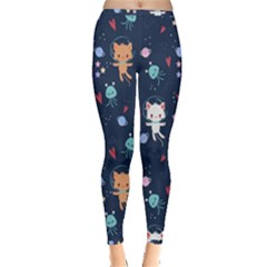 Cute Astronaut Cat With Star Galaxy Elements Seamless Pattern Inside Out Leggings by Vaneshart