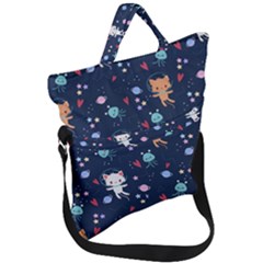 Cute Astronaut Cat With Star Galaxy Elements Seamless Pattern Fold Over Handle Tote Bag by Vaneshart