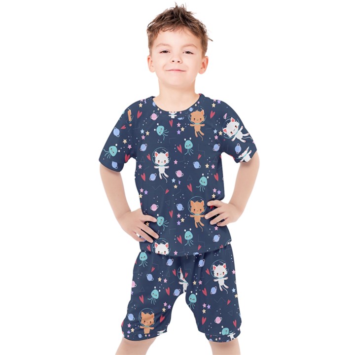 Cute Astronaut Cat With Star Galaxy Elements Seamless Pattern Kids  Tee and Shorts Set