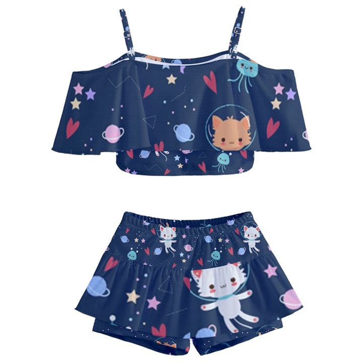 Cute Astronaut Cat With Star Galaxy Elements Seamless Pattern Kids  Off Shoulder Skirt Bikini