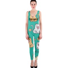 Seamless Pattern Cute Cat Cartoon With Hand Drawn Style One Piece Catsuit by Vaneshart