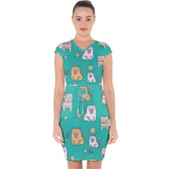 Seamless Pattern Cute Cat Cartoon With Hand Drawn Style Capsleeve Drawstring Dress  by Vaneshart