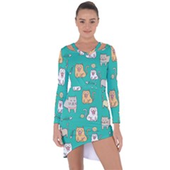 Seamless Pattern Cute Cat Cartoon With Hand Drawn Style Asymmetric Cut-out Shift Dress by Vaneshart