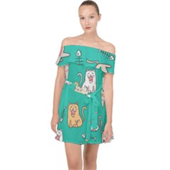 Seamless Pattern Cute Cat Cartoon With Hand Drawn Style Off Shoulder Chiffon Dress by Vaneshart