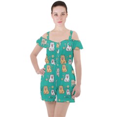 Seamless Pattern Cute Cat Cartoon With Hand Drawn Style Ruffle Cut Out Chiffon Playsuit by Vaneshart