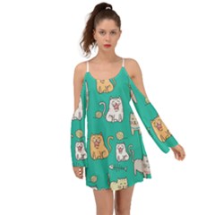 Seamless Pattern Cute Cat Cartoon With Hand Drawn Style Kimono Sleeves Boho Dress by Vaneshart