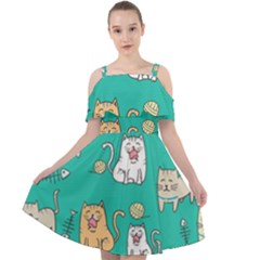 Seamless Pattern Cute Cat Cartoon With Hand Drawn Style Cut Out Shoulders Chiffon Dress by Vaneshart