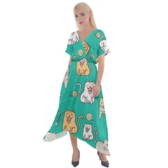 Seamless Pattern Cute Cat Cartoon With Hand Drawn Style Cross Front Sharkbite Hem Maxi Dress by Vaneshart