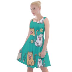 Seamless Pattern Cute Cat Cartoon With Hand Drawn Style Knee Length Skater Dress by Vaneshart