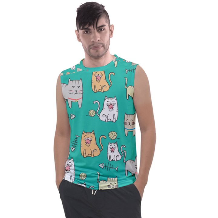 Seamless Pattern Cute Cat Cartoon With Hand Drawn Style Men s Regular Tank Top