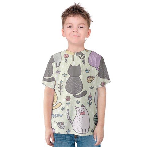 Funny Cartoon Cats Seamless Pattern  Kids  Cotton Tee by Vaneshart