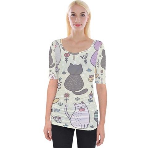 Funny Cartoon Cats Seamless Pattern  Wide Neckline Tee by Vaneshart