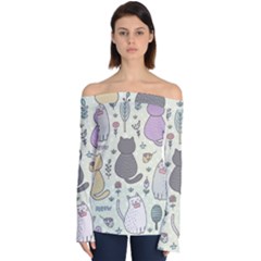 Funny Cartoon Cats Seamless Pattern  Off Shoulder Long Sleeve Top by Vaneshart