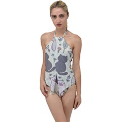 Funny Cartoon Cats Seamless Pattern  Go With The Flow One Piece Swimsuit by Vaneshart