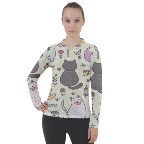 Funny Cartoon Cats Seamless Pattern  Women s Pique Long Sleeve Tee by Vaneshart