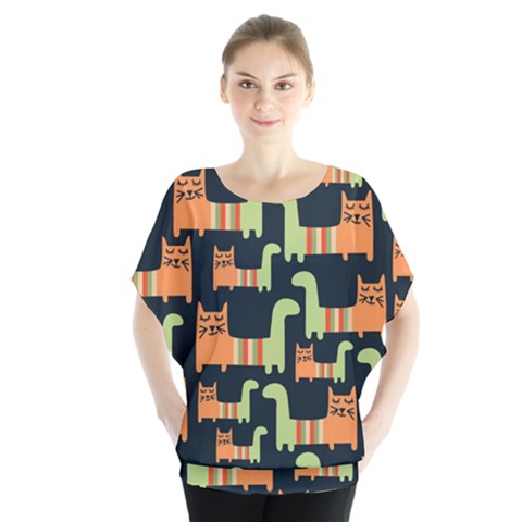 Seamless Pattern With Cats Batwing Chiffon Blouse by Vaneshart