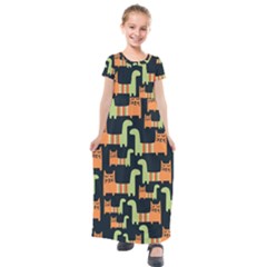 Seamless Pattern With Cats Kids  Short Sleeve Maxi Dress by Vaneshart