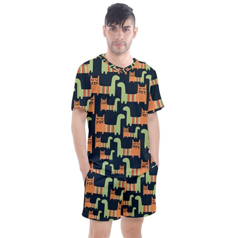 Seamless Pattern With Cats Men s Mesh Tee And Shorts Set by Vaneshart