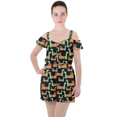 Seamless Pattern With Cats Ruffle Cut Out Chiffon Playsuit by Vaneshart