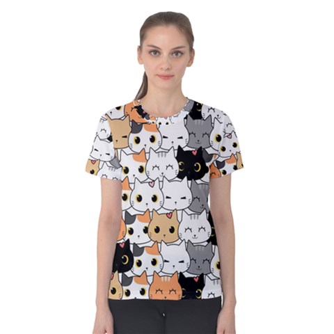 Cute Cat Kitten Cartoon Doodle Seamless Pattern Women s Cotton Tee by Vaneshart