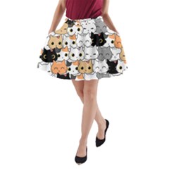 Cute Cat Kitten Cartoon Doodle Seamless Pattern A-line Pocket Skirt by Vaneshart