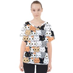 Cute Cat Kitten Cartoon Doodle Seamless Pattern V-neck Dolman Drape Top by Vaneshart