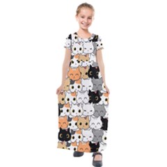 Cute Cat Kitten Cartoon Doodle Seamless Pattern Kids  Short Sleeve Maxi Dress by Vaneshart