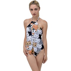 Cute Cat Kitten Cartoon Doodle Seamless Pattern Go With The Flow One Piece Swimsuit by Vaneshart