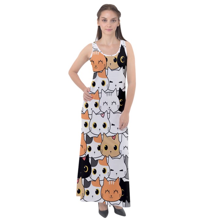 Cute Cat Kitten Cartoon Doodle Seamless Pattern Sleeveless Velour Maxi Dress